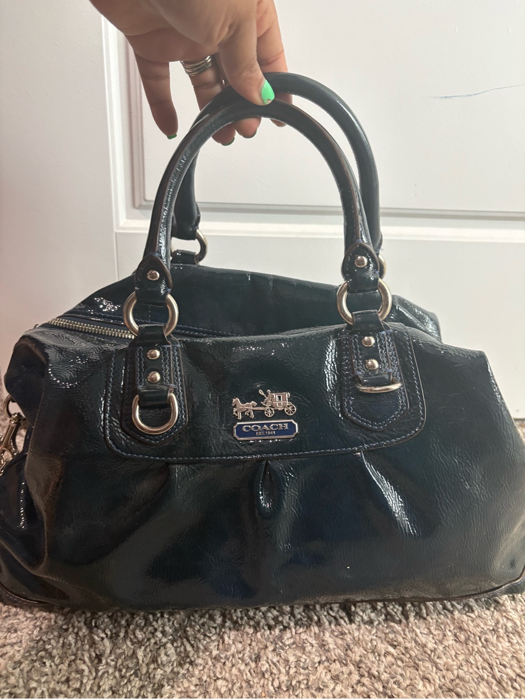 Coach Midnight Blue Patent Leather Satchel With Polished Hardware